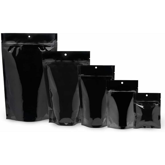 PouchWorth 100 pcs Black 5" x 8" Stand Up Food Pouch Zip Lock Mylar Smell Proof Bags