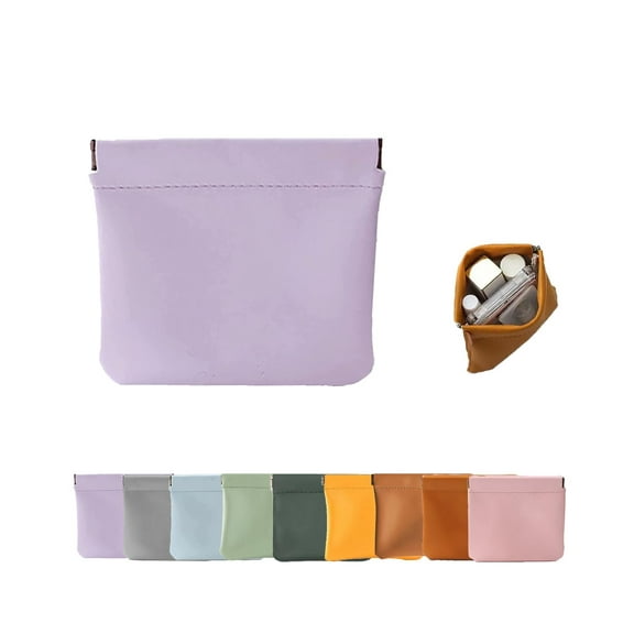 Pouchic - Personalized Snap Closure Leather Organizer Pouch,4.7*4.7in Auto Snap Closure Pocket Cosmetic Bag,No Zipper Self Closing Lambskin Makeup Pouch
