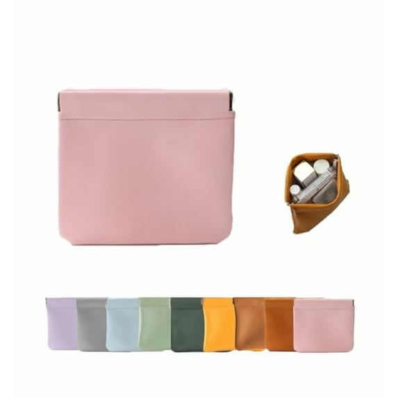 Pouchic - Personalized Snap Closure Leather Organizer Pouch,4.7*4.7in Auto Snap Closure Pocket Cosmetic Bag,No Zipper Self Closing Lambskin Makeup Pouch