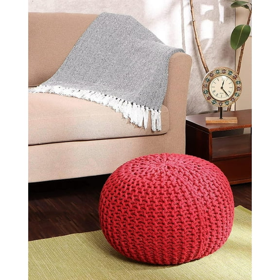 Pouf Hand Knitted Cotton Braid Cord Cable Ottoman - Foot Stool - Accent Seat Furniture Bean Bag - Living Room Kids - 19x19x14