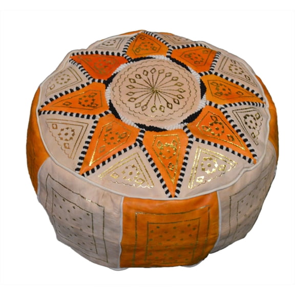 Pouf Moroccan Hassock  Pooff Leather Pouff Ottoman Footstool MED Beige Orange