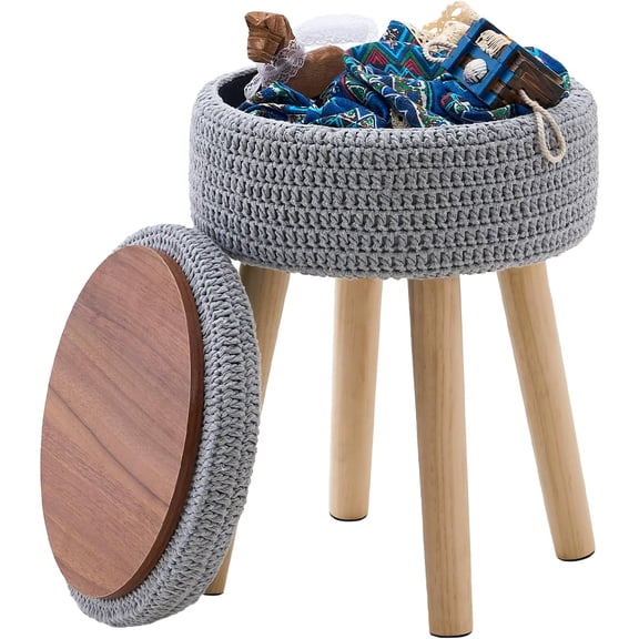 Pouf Ottoman, 100% Cotton Knitted Boho Footstool, Round Footrest with Non-Skid Wood Legs, Home Décor Handmade Pouffe, Leisure Floor Step Stool for Living Room (High Storage Grey)