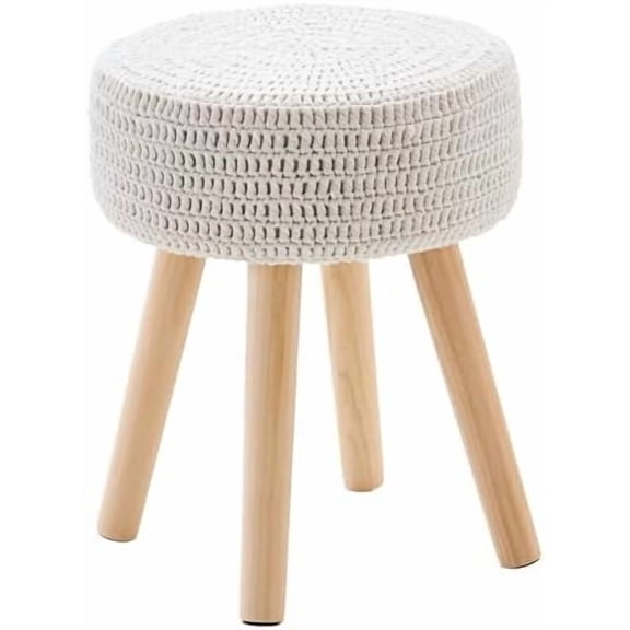 Pouf Ottoman, 100% Cotton Knitted Boho Footstool, Round Footrest with Non-Skid Wood Legs, Home Décor Handmade Pouffe, Leisure Floor Step Stool for Living Room (Long Leg - Beige)