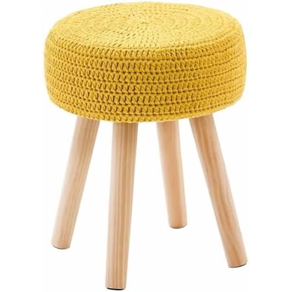 Pouf Ottoman, 100% Cotton Knitted Boho Footstool, Round Footrest with Non-Skid Wood Legs, Home Décor Handmade Pouffe, Leisure Floor Step Stool for Living Room (Long Leg - Yellow)