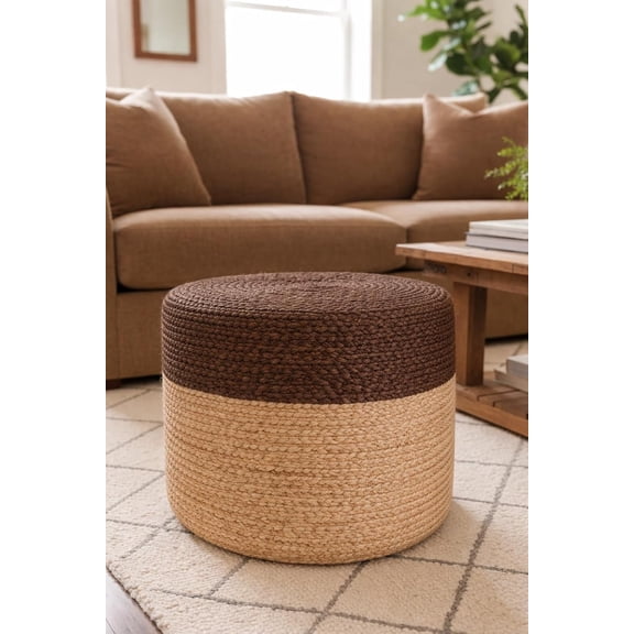 Pouf Ottoman - 100% Jute Braided Footrest Pouf Hand Knitted Traditional Cord Boho Pouffe for Living Room, Bedroom, Nursery, Patio, Lounge Colorblock - Natural Brown (18”x18”x12”)