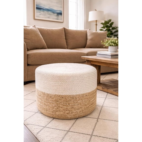 Pouf Ottoman - 100% Jute Braided Footrest Pouf Hand Knitted Traditional Cord Boho Pouffe for Living Room, Bedroom, Nursery, Patio, Lounge Colorblock - Natural Ivory (18”x18”x12”)