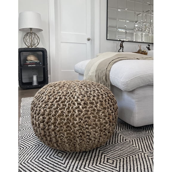 Pouf Ottoman - 100% Natural Jute Braided- Footrest Hand Knitted Traditional Cord Boho Pouffe for The Living Room, Bedroom, Nursery, Patio, Lounge (20" x 20" 14")