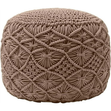 Pouf Ottoman Foot Rest Cotton Pouffe - Hand Knitted Macrame Braid - Boho Round Stuffed Ottoman for Living Room, Bedroom