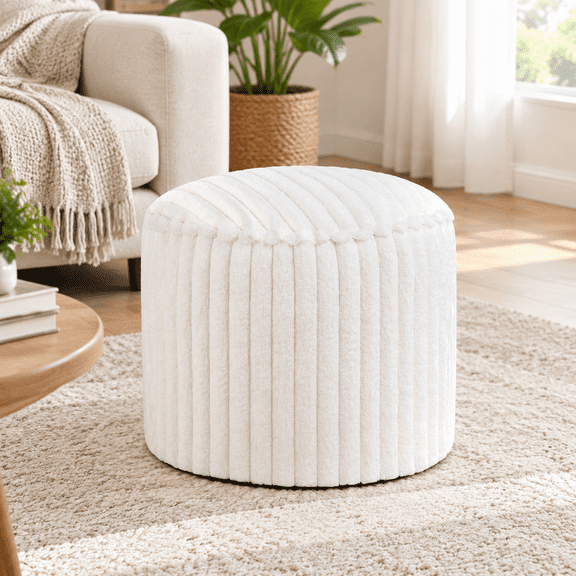 Pouf Ottoman Foot Rest - Soft Footstool and Sturdy Seating, 20"x15", Beige | Soft Cushion & Solid Support, Fluffy Faux Fur Removable Washable Cover, Ideal for Living Room Couch, Vanity, Dorm