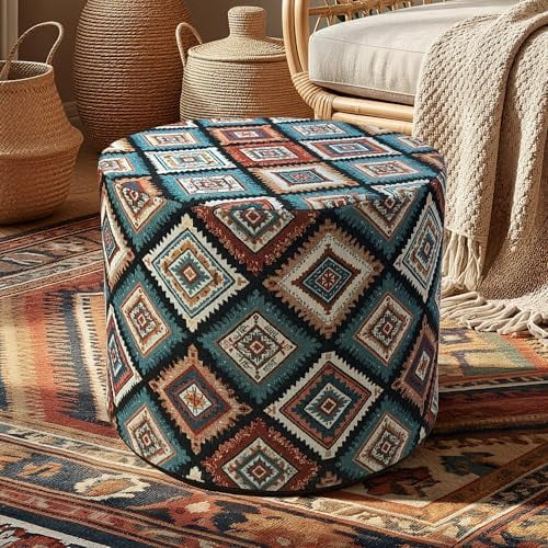Pouf Ottoman Footrest Boho Embroidered Stuffed Round Pouf, 20" Tribal Geometric Accent Ottoman, Removable Cover & Firm Foam, Multifunctional Seat for Living Room Bedroom Vanity, Teal & Rust