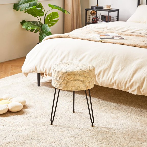 Pouf Ottoman, Handmade Natural Water Hyacinth, Pastoral Style Footrest, Footstool with 4 Metal Legs Round Vanity Stool for Bedroom, Hallway, Living Room 12.59"L12.59"W17.71"H Beige UHBD029M