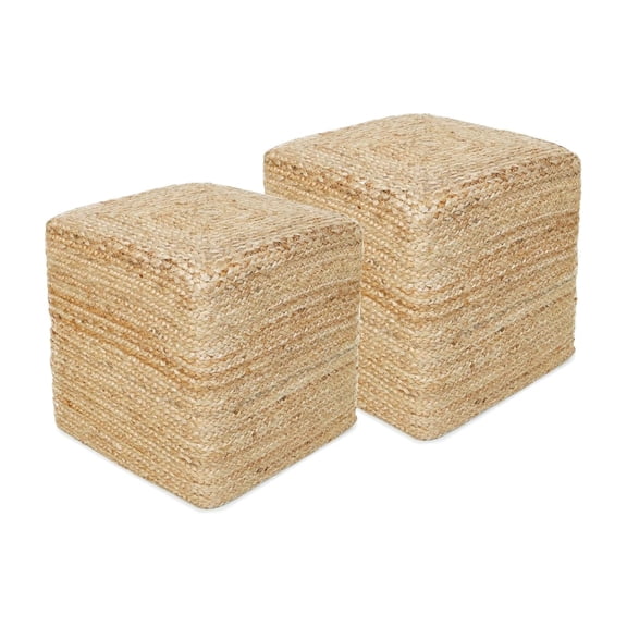Pouf Ottoman Set of 2, 14.5 x 14.5 x 16 in, Braided Jute Square Cube Footrests and Extra Seats, Classic Jute Natural, Home