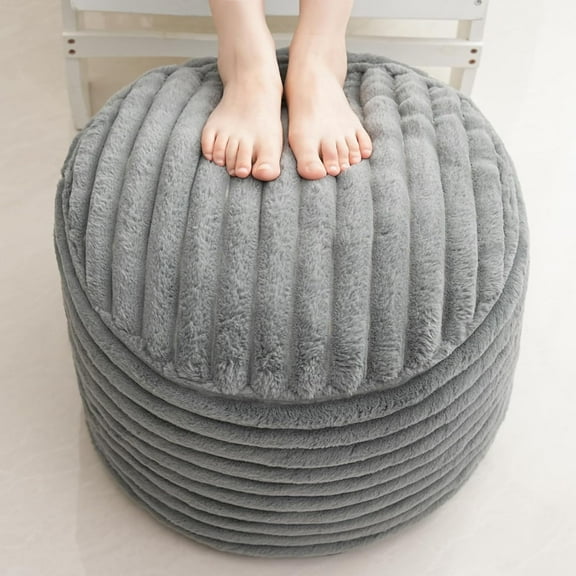 Light Gray 20x15 inch Faux Fur Pouf Ottoman, Foam Stuffed Round Foot Rest Storage Stool for Living Room Bedroom Floor Chair