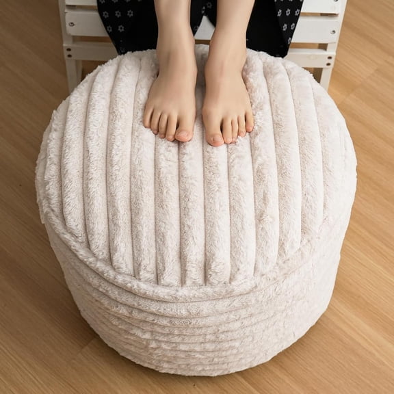 Pouf Ottoman Stuffed Round for Foot Rest, Faux Fur Poufs with Foam Chunk Filling, Storage Ottoman Pouf Foot Stool Cushion, 20 X 15 Inch Floor Chair for Living Room Bedroom Home Decor, Beige