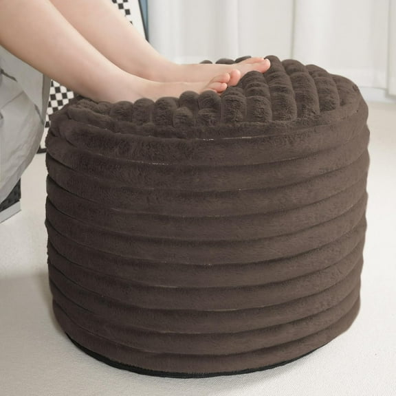 26x18 inch Faux Fur Round Pouf Ottoman, Foam Chunk Filled Foot Rest Stool, Storage Floor Cushion for Living Room Bedroom, Brown