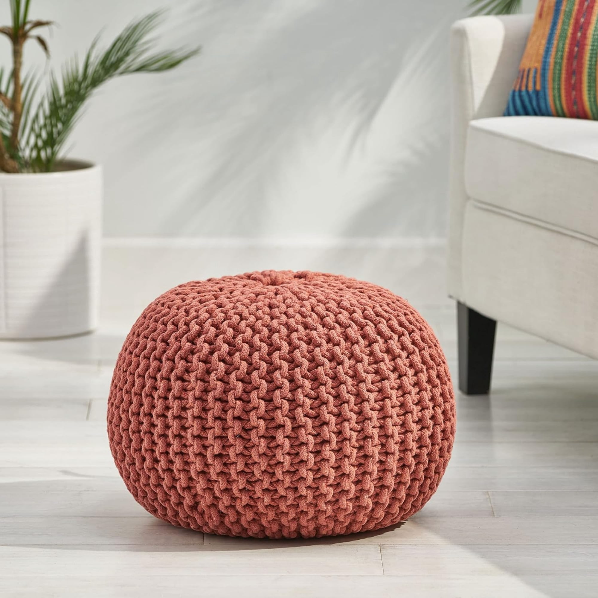 Pouf with Knit Weave Cotton Cover, Modern Round Floor Pouf and Accent Seating for Living Room, Coral