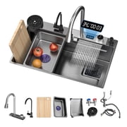 Poukaran Black-Grey Nano Kitchen Sink with Waterfall 29.5x18x9 Inch Deep Single Bowl Stainless Steel Workstation Kitchen Sink with Digital Display and Faucet Combo Set,Countertop/Drop-in/Undermount