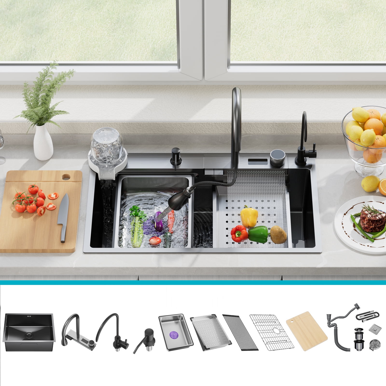 Poukaran Black-Grey Nano Kitchen Sink with Waterfall 33x19x9 Inch Deep ...