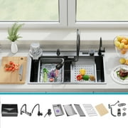 Poukaran Black-Grey Nano Kitchen Sink with Waterfall 33x19x9 Inch Deep Single Bowl Stainless Steel Workstation Kitchen Sink with Digital Display, and Faucet Combo Set,Countertop/Drop-in/Undermount