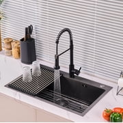 Poukaran Top-Mount Kitchen Sink, 30 inch Drop in Black Kitchen Sink Single Bowl,9 Deep Handmade Overmount Kitchen Sink, T304 Stainless Steel Nano Black Workstation Sink and Faucet with Accessories