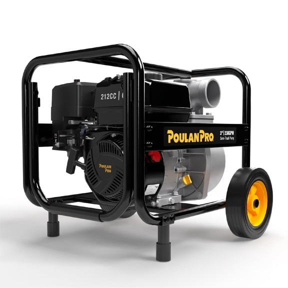 Poulan Pro Semi Trash Pump 3 Inch, 6HP 212cc 4-cycle Engine, 238GPM , 100ft Lift, 23ft Suction, Gas Powered Water Pump with Wheels & Handle for Pond, Sewage, and Pool