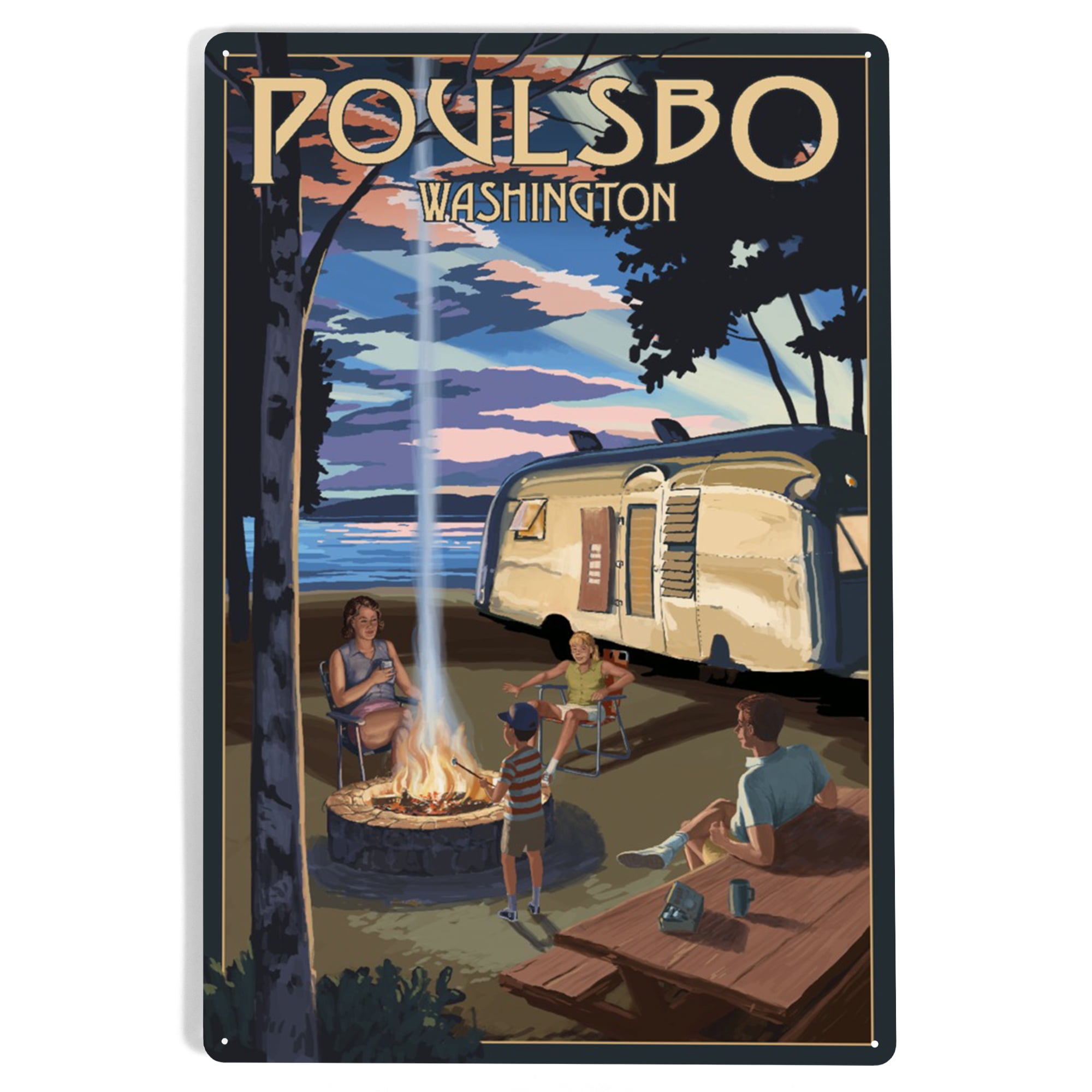 Poulsbo, Washington, Retro Camper and Lake (12x18 Aluminum Art, Indoor