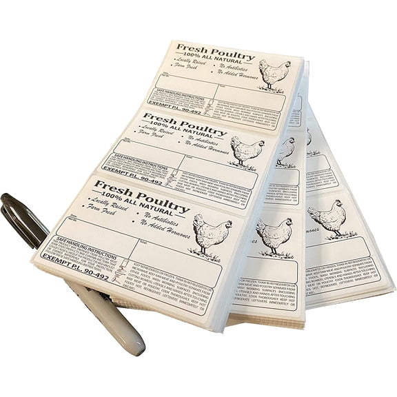 Poultry Freezer Labels 4" x 2.5" with Safe Handling Instructions and Exemption – P.L. 90-492 (250)