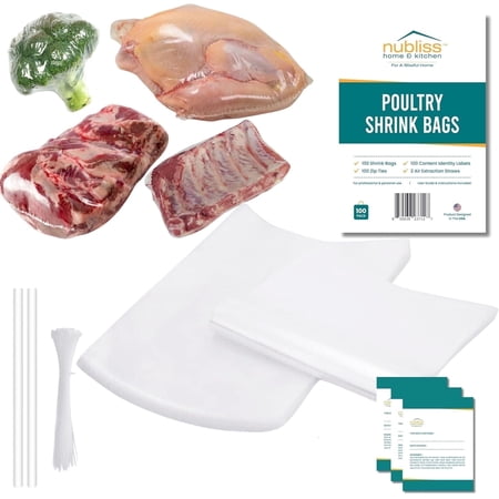 NuBliss Poultry Shrink Wrap Bags,13x18 Inches Poultry Heat Shrink Bags Freezer, Includes Zip Ties, Labels, and 2 Insert Straws, Thick Clear Shrink Wrap for Chicken, Meats, and Vegetables (100)