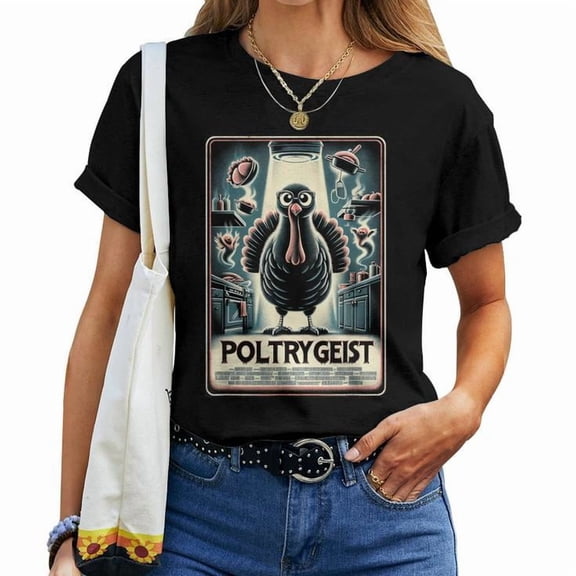 Poultrygeist Thanksgiving Graphic Cotton Tee Unisex Adult Casual Holiday Turkey Humor T-Shirt, Size XL, Color Black