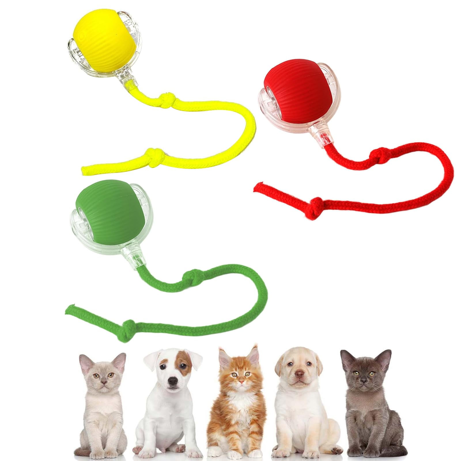 Pouncepal Upgrade Cat Toy USB Charge, 360° Smart Automatic Rolling Three Modes, Fast Charging and Long Lasting, Adaptable to All Cats (Green+Red+Yellow)