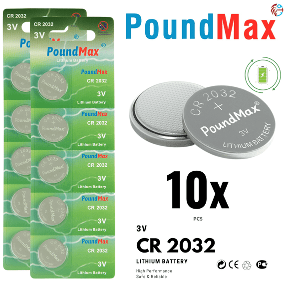 PoundMax CR 2032 Batteries 3v Lithium Coin Cell Battery Combo Pack - 10 Count