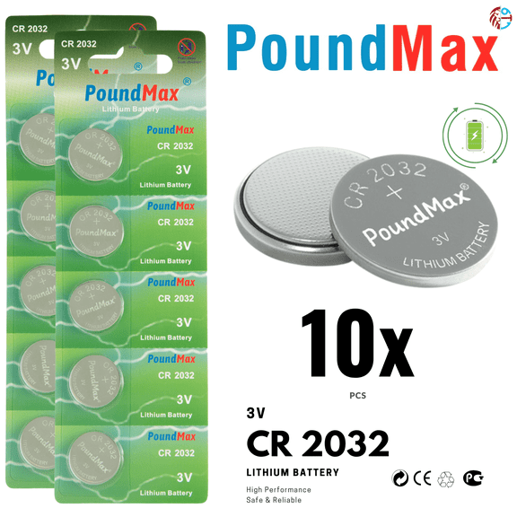 PoundMax CR 2032 Batteries 3v Lithium Coin Cell Battery Combo Pack - 10 Count