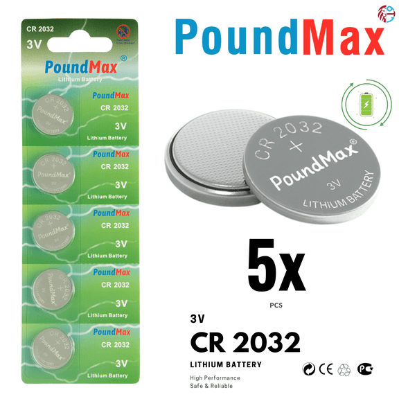 PoundMax CR 2032 Batteries 3v Lithium Coin Cell Battery Combo Pack - 5 Count