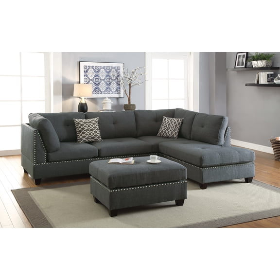 Poundex 3-PC Sectional Sofa with Reversible Chaise & Ottoman - L-Shaped Modern Living Room Couch, Polyfiber Fabric, Blue Gray