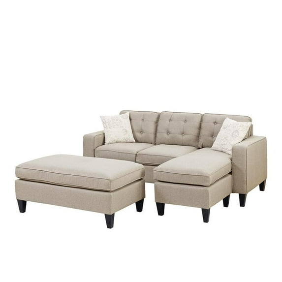 Poundex 3-Pcs Beige Polyfiber Linen-Like Fabric Sectional Set