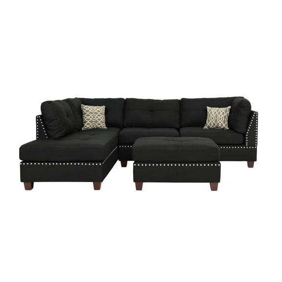 Poundex 3 Piece Fabric Sectional Sofa Set with Ottoman in Black