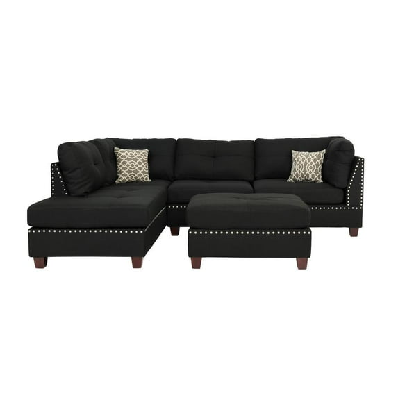 Poundex 3 Piece Fabric Sectional Sofa Set with Ottoman in Black