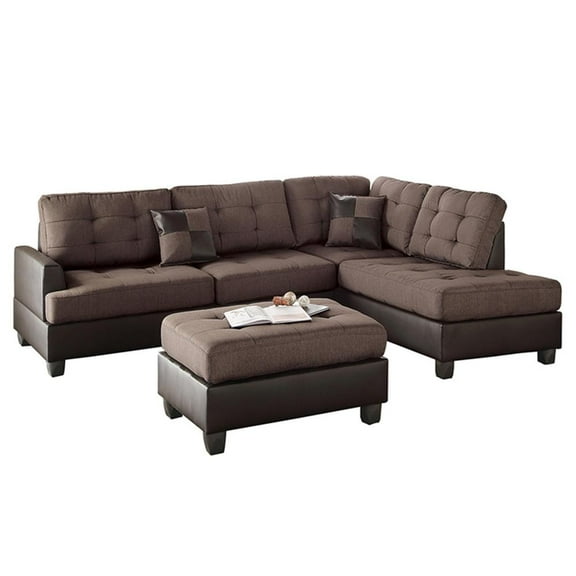 Poundex 3 Piece Fabric Sectional Sofa Set with Ottoman in Chocolate Color