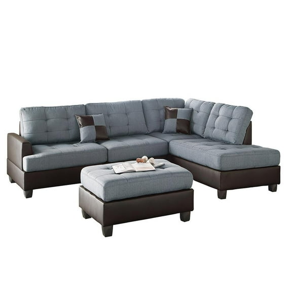 Poundex 3 Piece Fabric Sectional Sofa Set with Ottoman in Gray Color