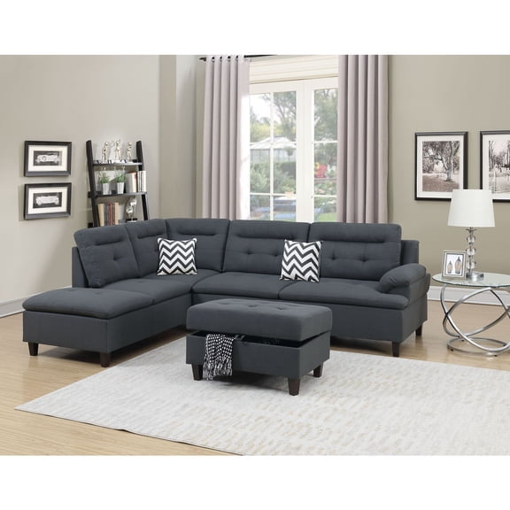 Poundex 3 Piece Fabric Sectional Sofa Set with Storage Ottoman in Charcoal Gray