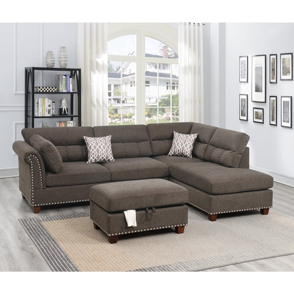 Poundex 3 Piece Fabric Sectional Sofa Set with Storage Ottoman in Tan Brown