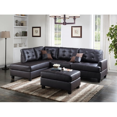 Poundex 3 Piece Faux Leather Sectional Sofa Set with Ottoman in Espresso
