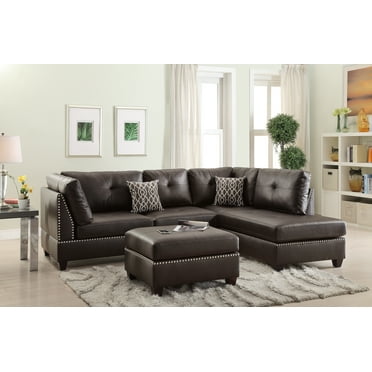 Poundex 3 Piece Faux Leather Sectional Sofa Set with Ottoman in Espresso