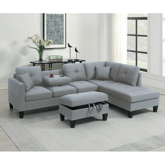 Poundex 3 Piece Modern Storage Ottoman L Shaped Sectional Sofa Set Gray