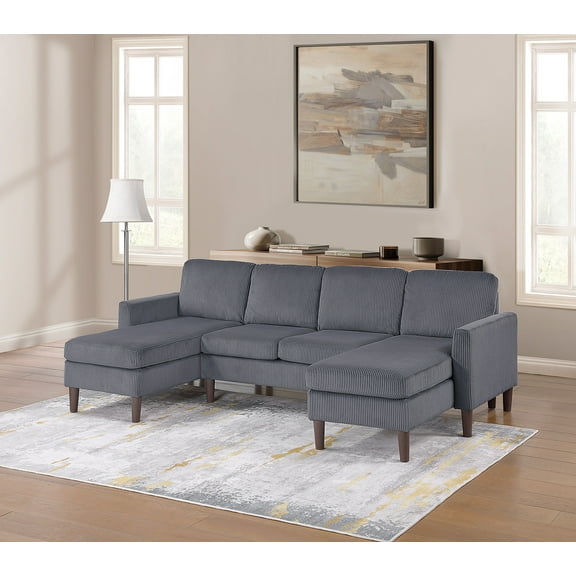 Poundex Modern Dual Chaise Sectional Sofa in Soft Corduroy Upholstery