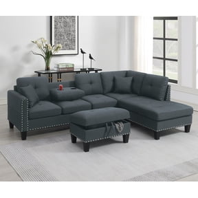 Poundex 3-Piece Charcoal Fabric Upholstered Sectional Sofa Set with Ottoman