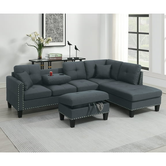 Poundex 3-pcs Upholstered Sectional Set-Charcoal