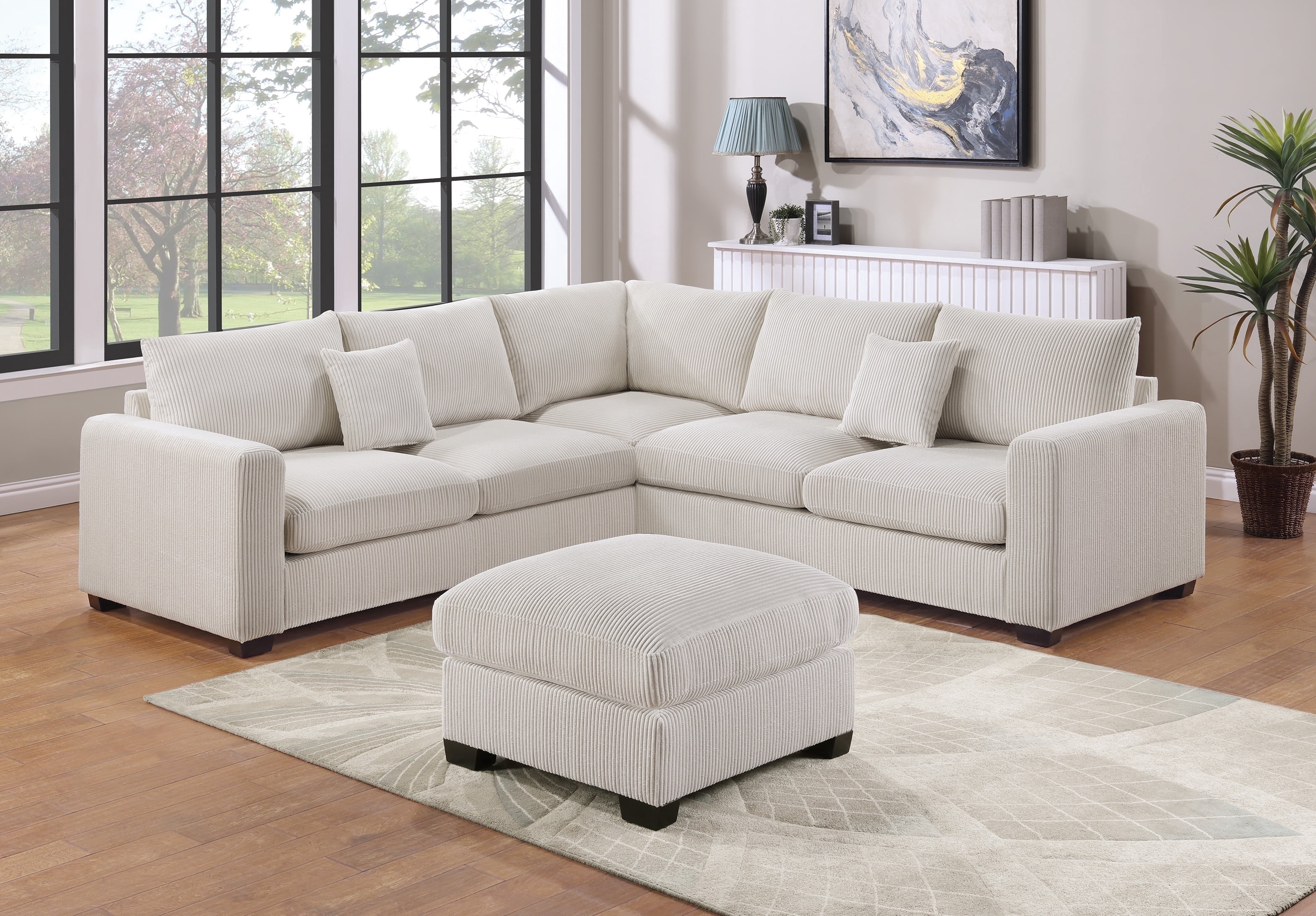 Poundex 4 Piece Sectional Sofa Set in Ivory with Corduroy Sofa and Ottoman for Living Room
