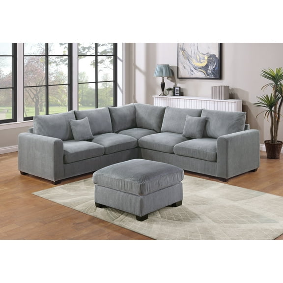 Poundex 4 Piece Sectional Sofa Set in Gray with Corduroy Sofa and Ottoman for Living Room
