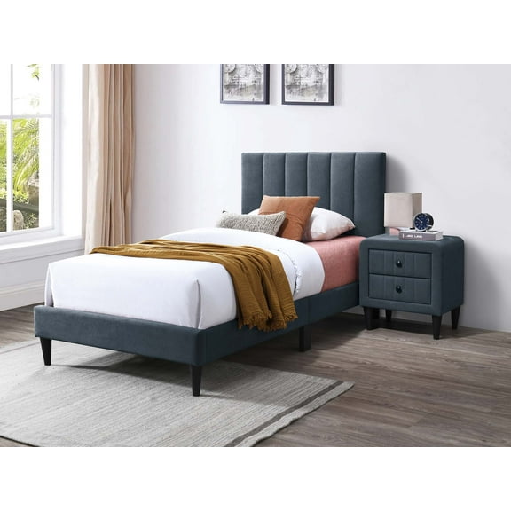 Poundex Adjustable Channel Tufted Charcoal Brushed Linen Twin Bed Frame